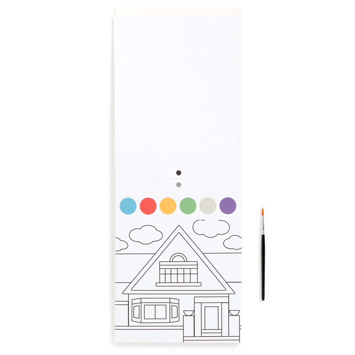 Coloring book page with a house outline and color swatches on a white background