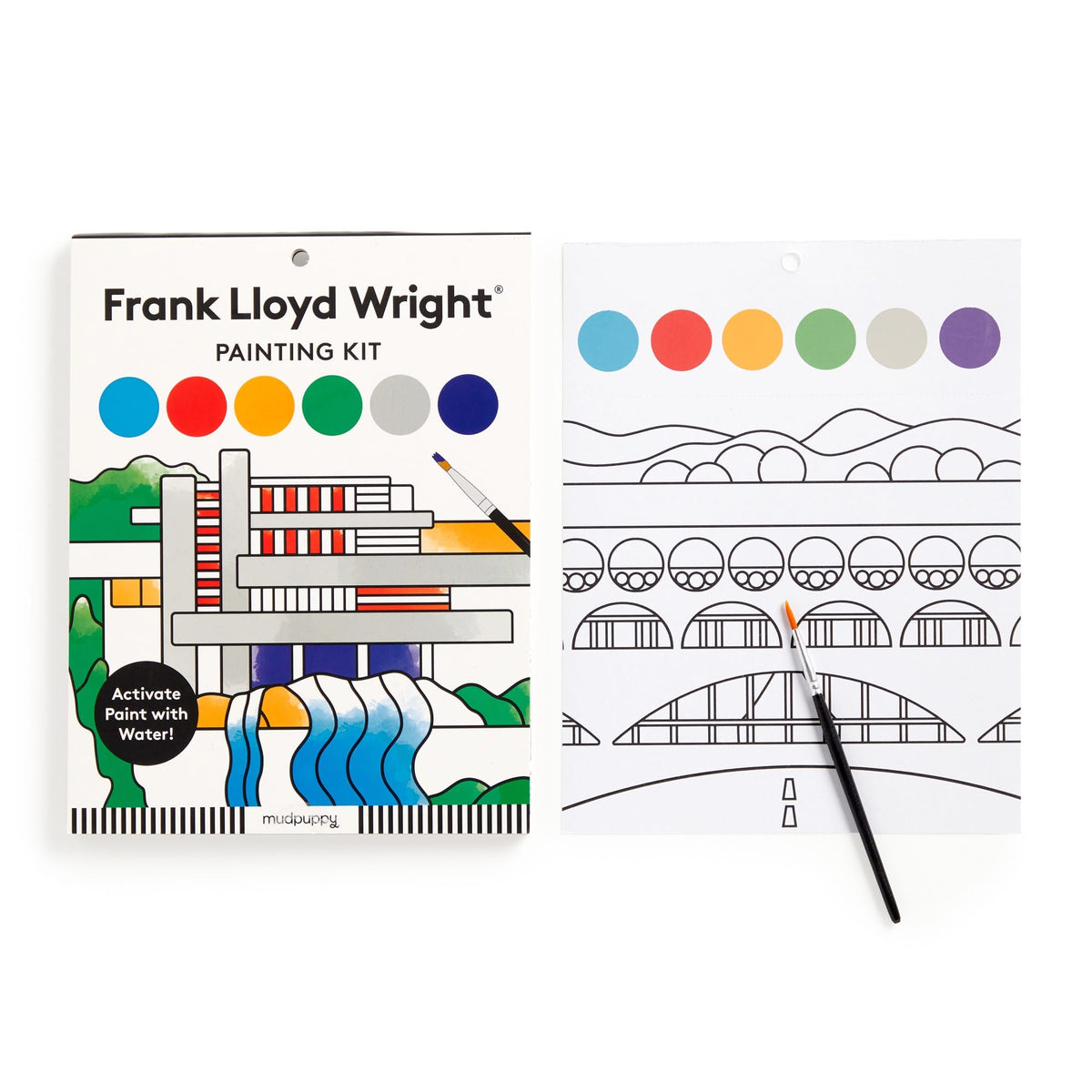 Frank Lloyd Wright painting kit with coloring book and paintbrush on a white background