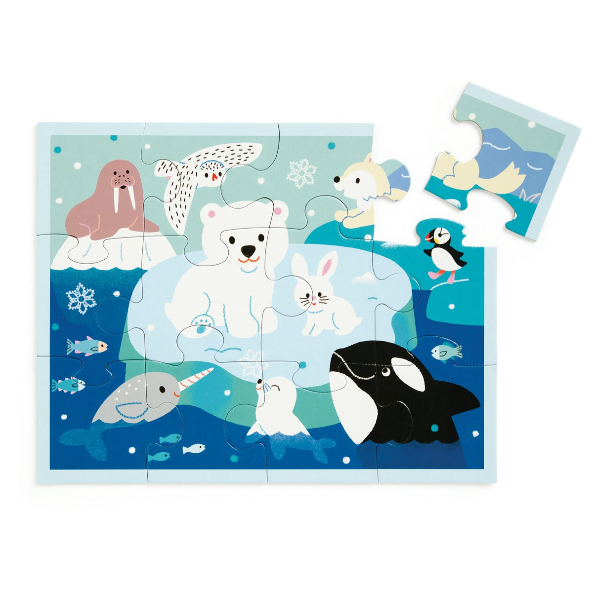 The assembled Mudpuppy Arctic Friends 12-piece puzzle, featuring an illustrated winter scene with friendly arctic animals including a polar bear, walrus, killer whale, narwhal, and puffin.
