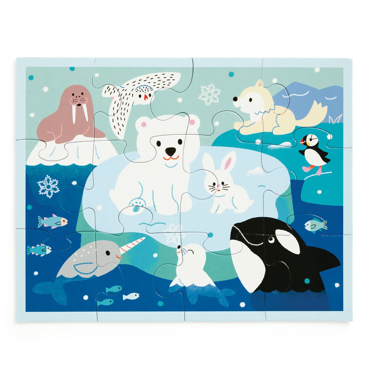 The assembled Mudpuppy Arctic Friends 12-piece puzzle, featuring an illustrated winter scene with friendly arctic animals including a polar bear, walrus, killer whale, narwhal, and puffin.