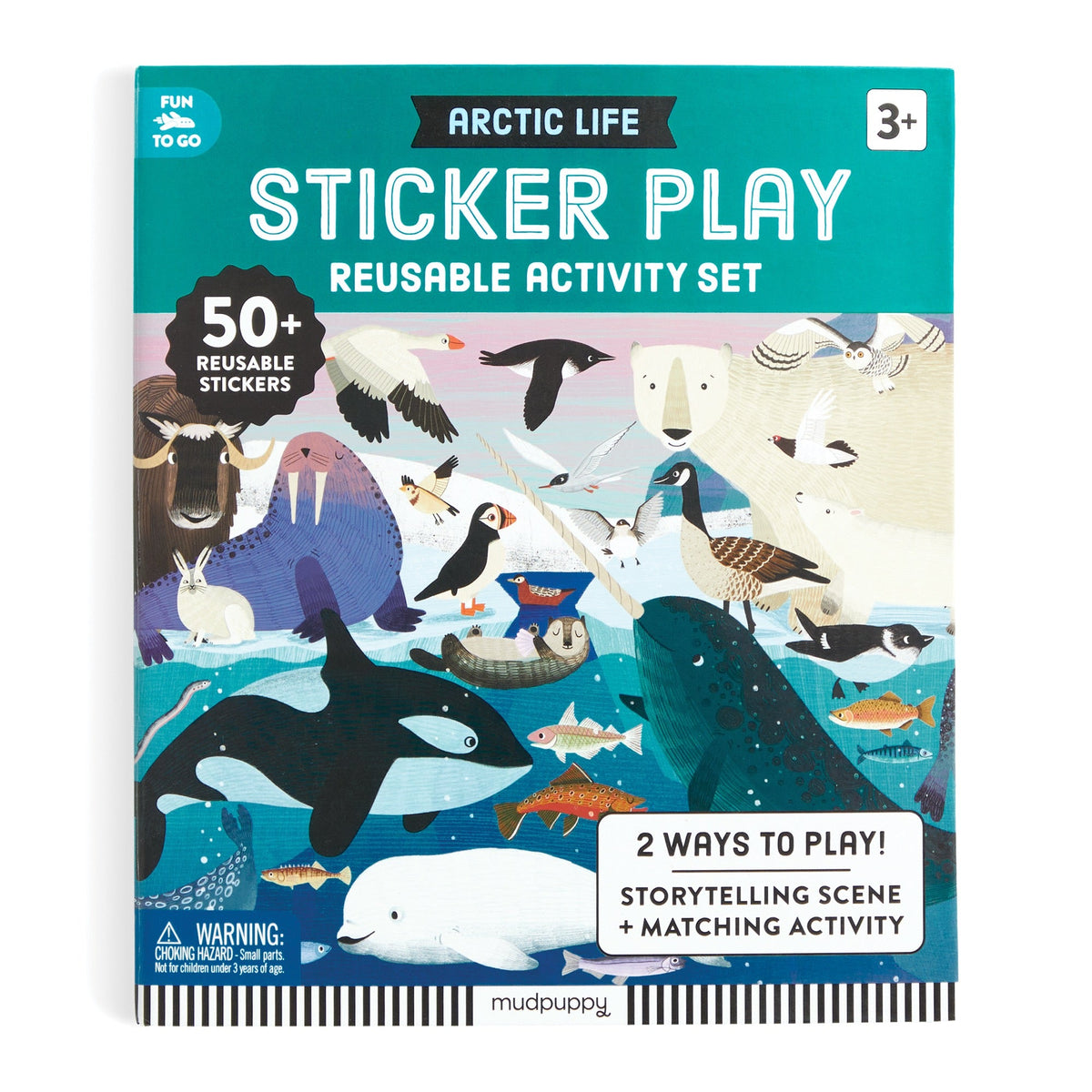 Arctic Life sticker play reusable activity set packaging with various Arctic animals on a blue background.