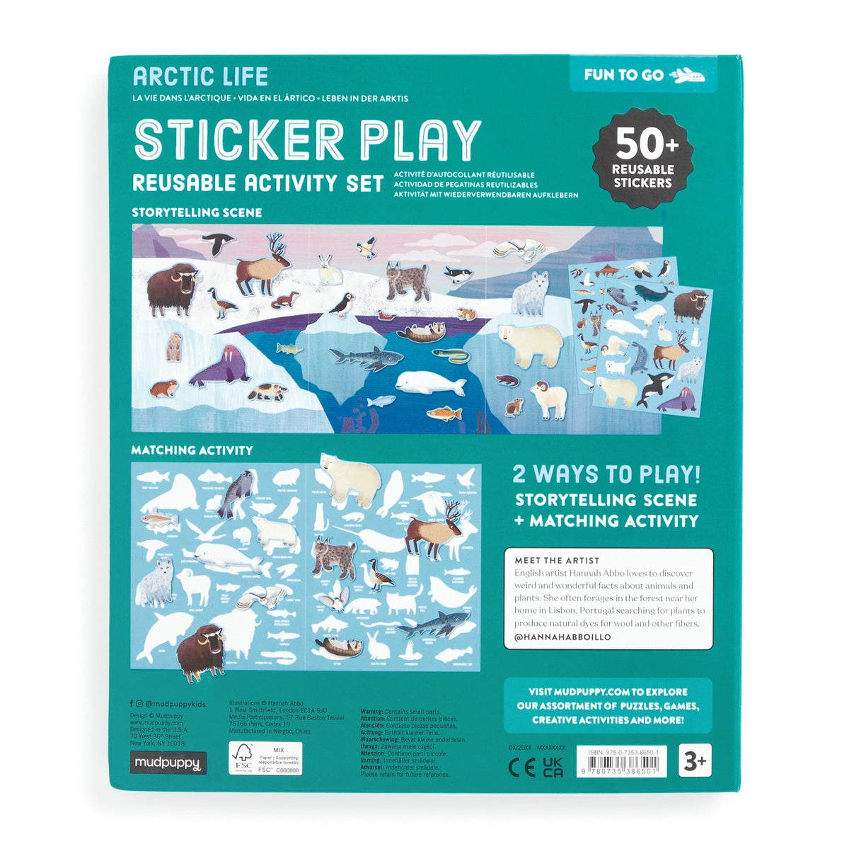 Arctic Life sticker play set packaging with illustrations of animals and text on a teal background