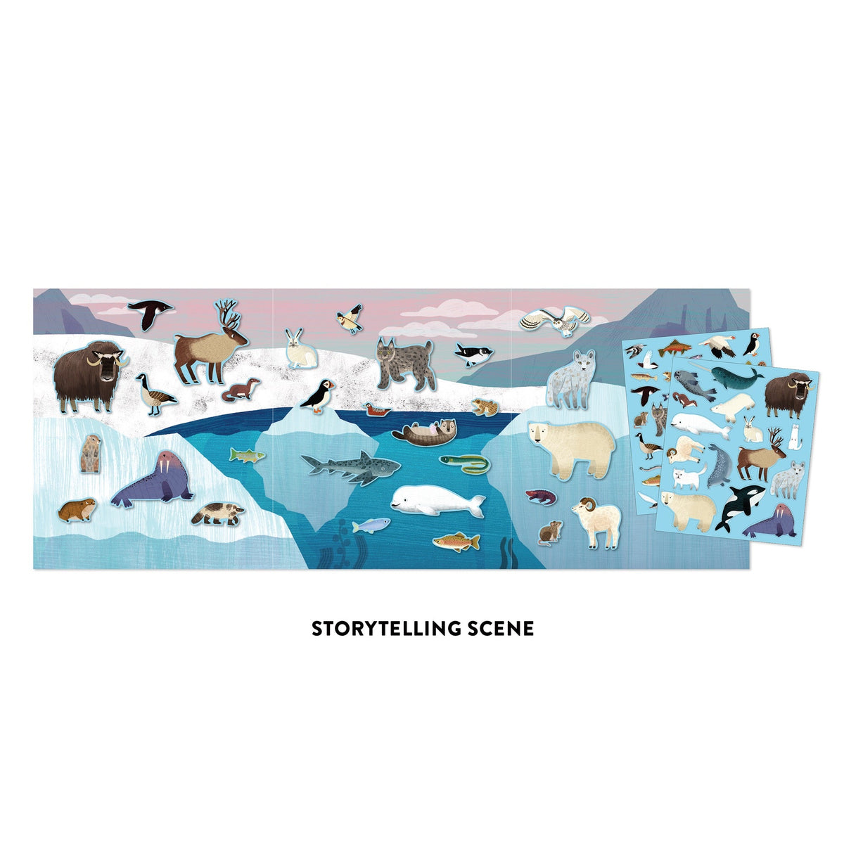 Storytelling scene with Arctic animals and a map of the Arctic, featuring a box of animal figures.