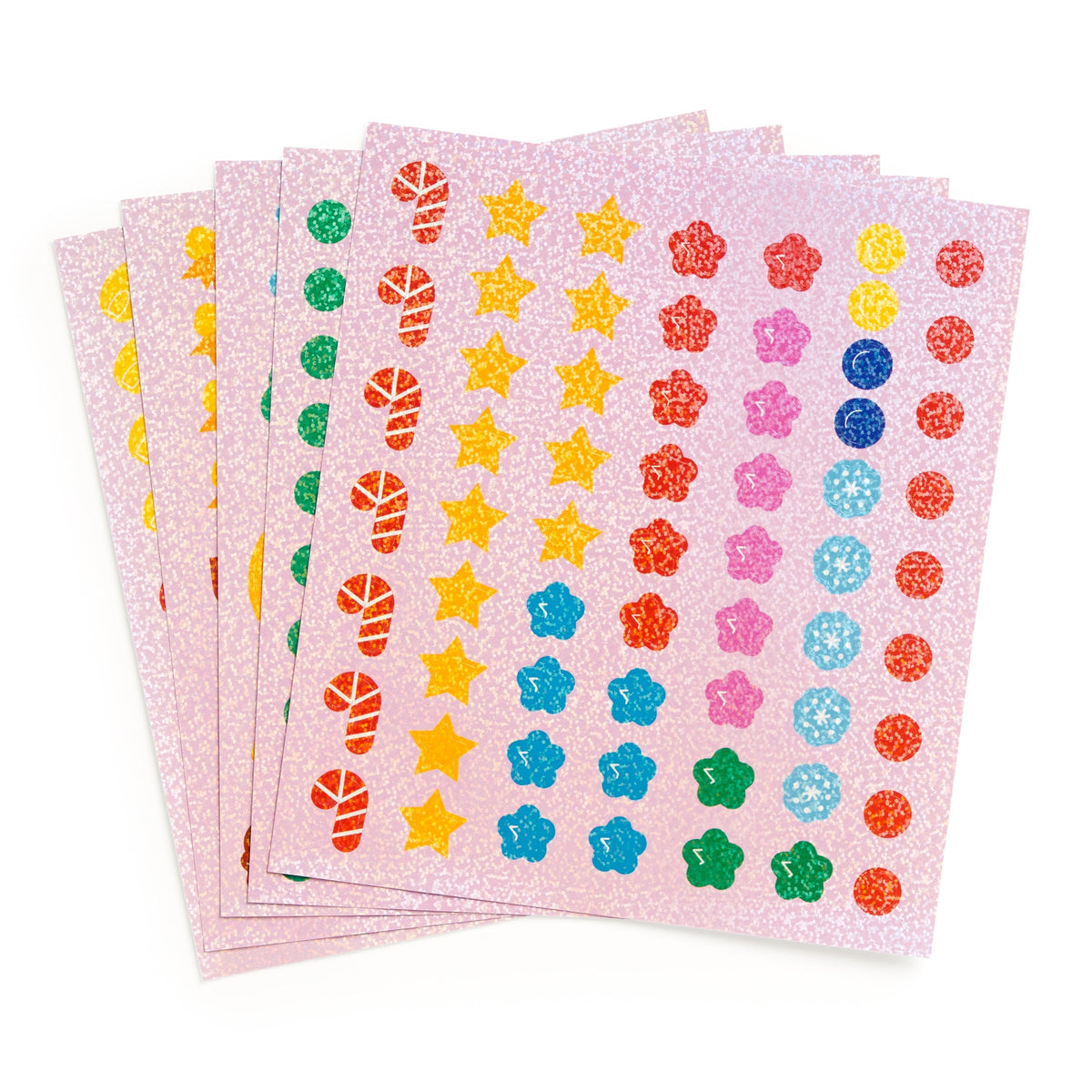 Several sheets of holographic stickers from the Mudpuppy Christmas Cheer Sticker Sparkle Poster Activity Kit, featuring sparkling geometric and floral designs in vibrant holiday colors like red, green, gold, blue, and pink.