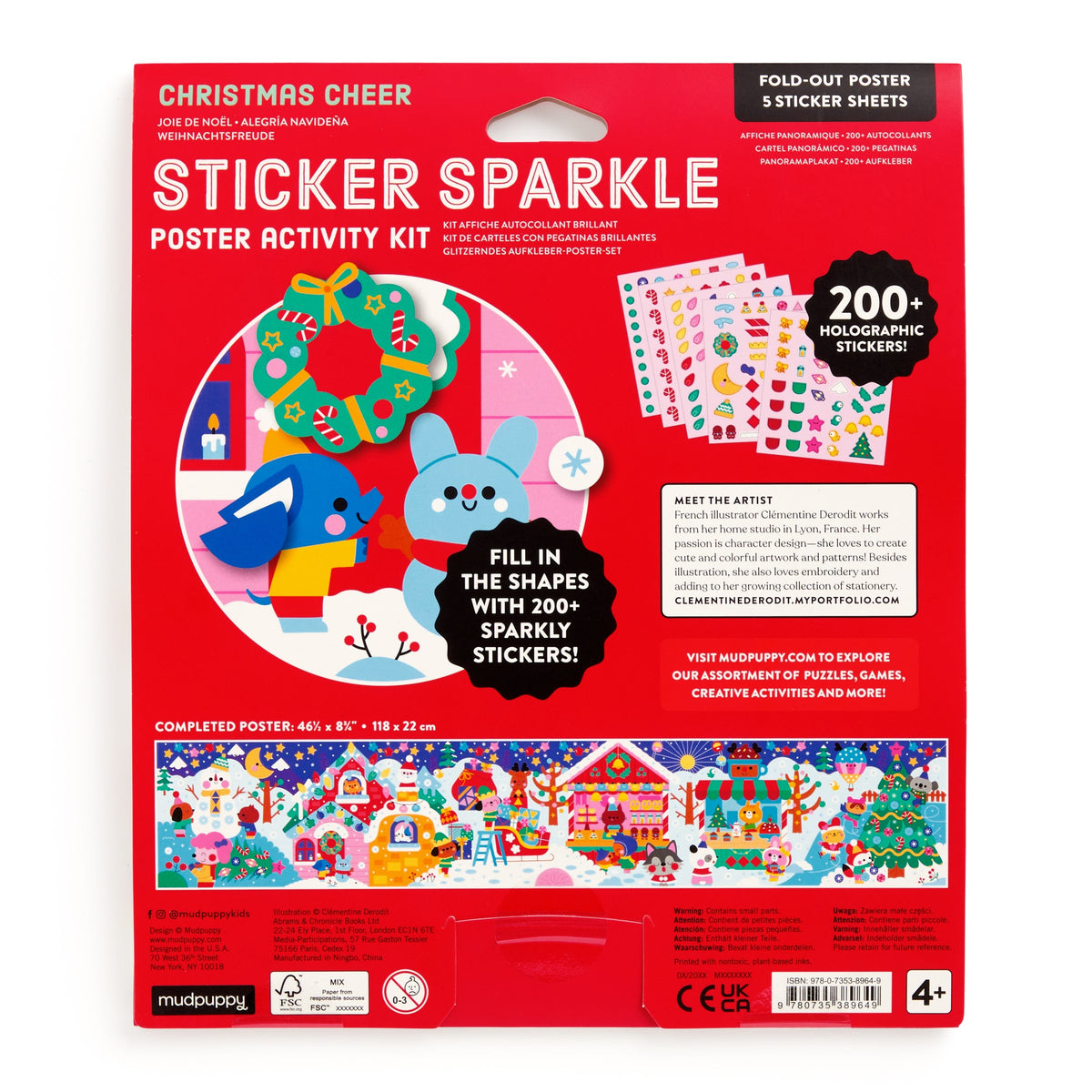 The back of the product packaging for the Mudpuppy Christmas Cheer Sticker Sparkle Poster Activity Kit, showcasing a preview of the fold-out panoramic poster, the included holographic sticker sheets, and product details on a vibrant red background.