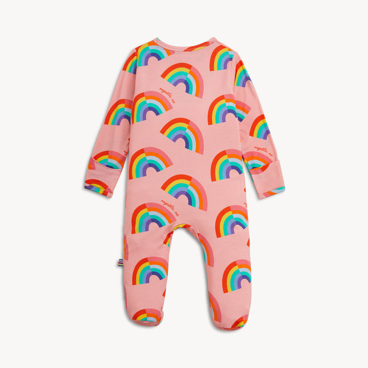 Pink baby onesie with rainbow pattern on a white background