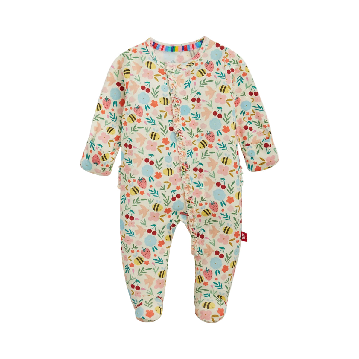 A baby footed sleeper with long sleeves and an all-over floral and bee print on a cream background, shown against a plain white background.