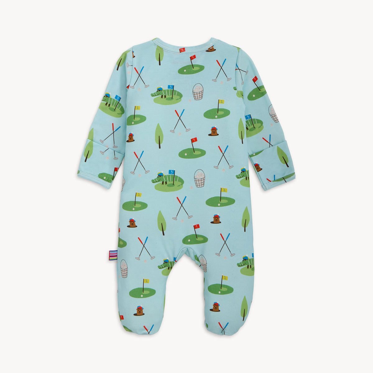 Baby onesie with golf-themed pattern on a light blue background