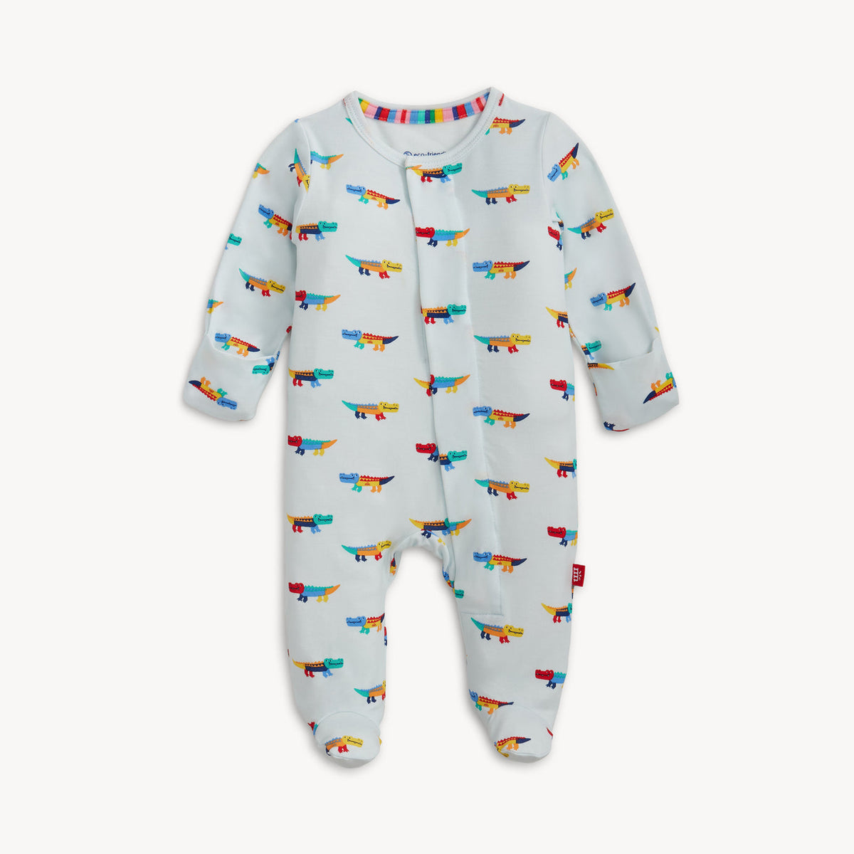Baby onesie with colorful airplane pattern on a white background