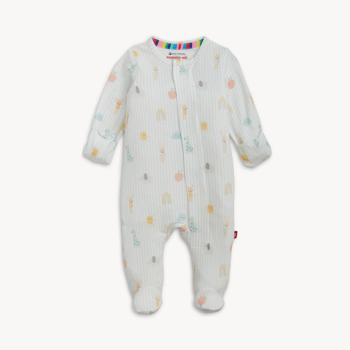 Baby onesie with colorful patterns on a white background