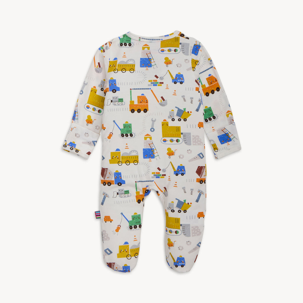 Baby onesie with vehicle pattern on a white background