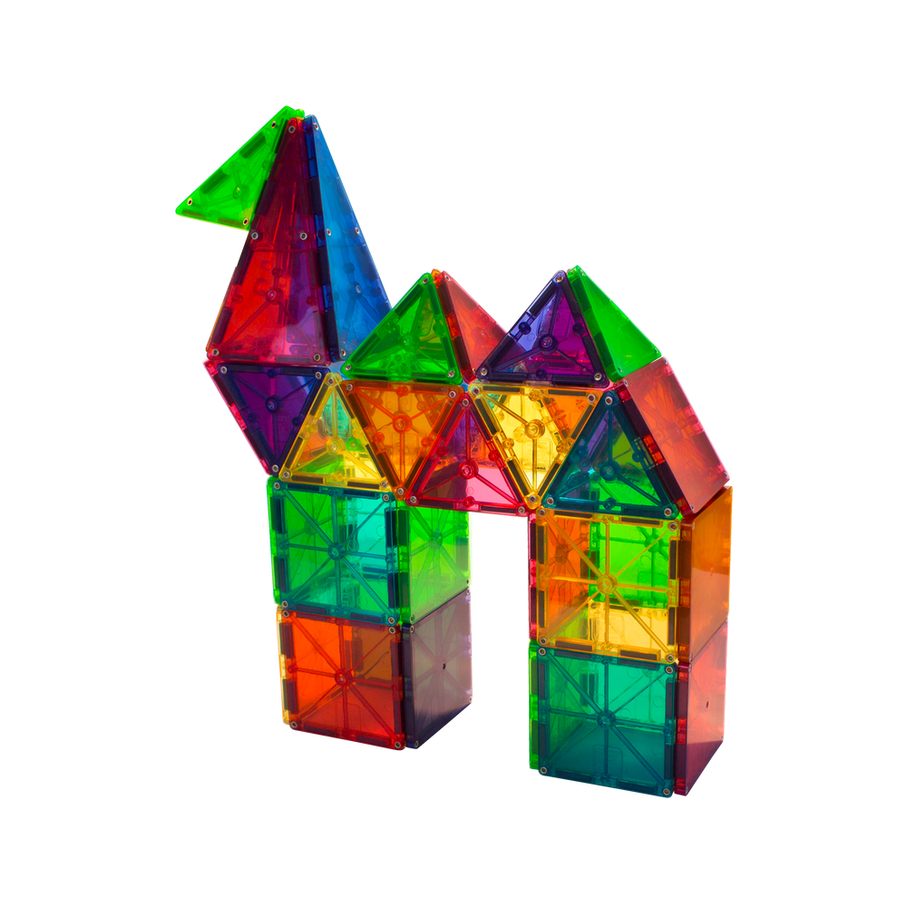 Translucent, colorful magnetic tiles assembled into the shape of a camel against a transparent background.
