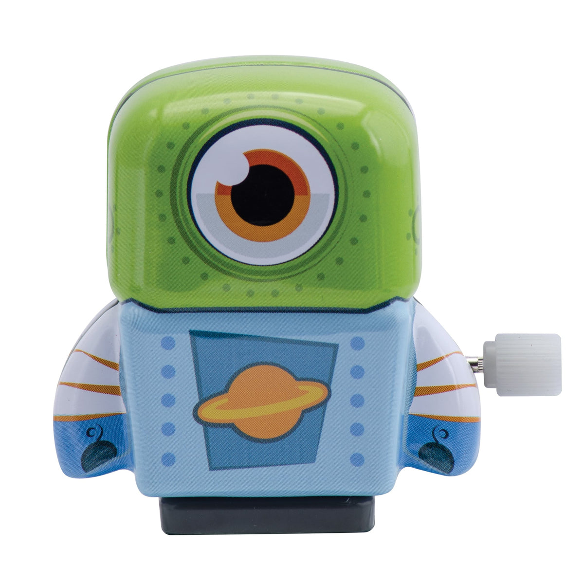 Toy robot with a single eye on a white background