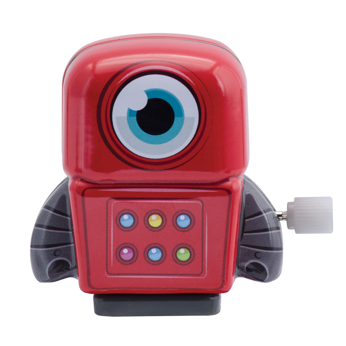 Red robot toy with a single eye on a white background