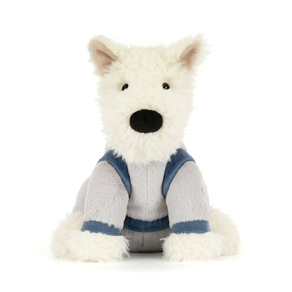 White plush dog toy with a blue sweater on a white background