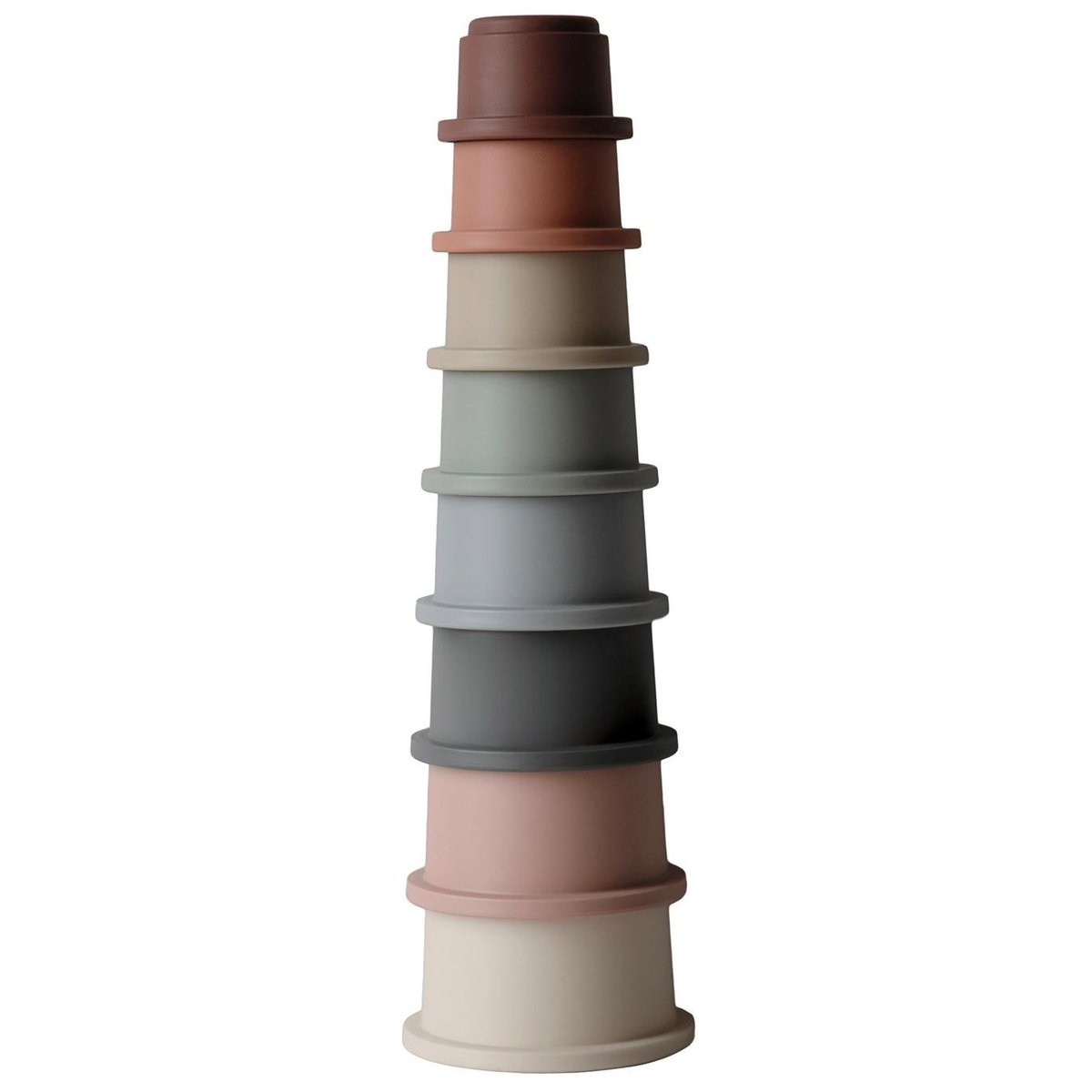 Stack of colorful silicone cups on a white background
