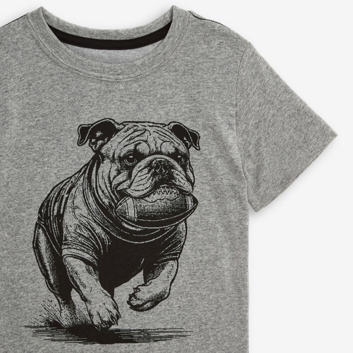 Gray t-shirt with a bulldog graphic on a white background