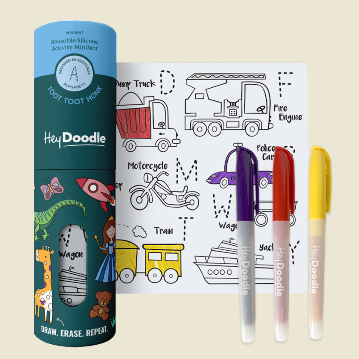 HeyDoodle product set with coloring book and markers on a beige background