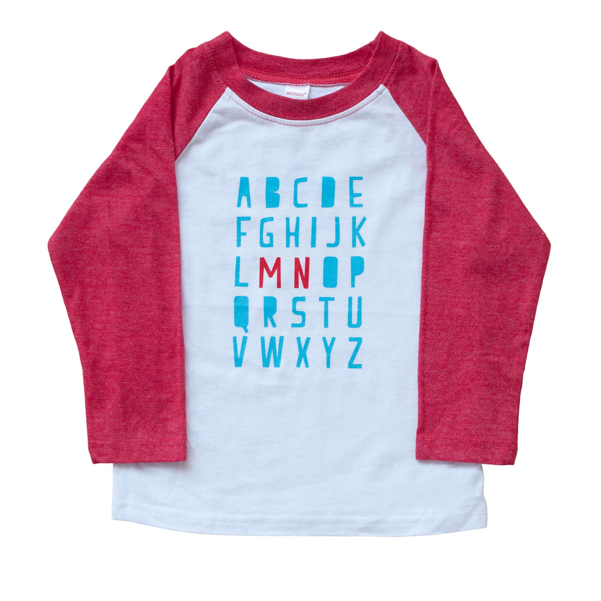 Children's long-sleeve shirt with red sleeves and white body displaying a blue alphabet pattern on a white background.