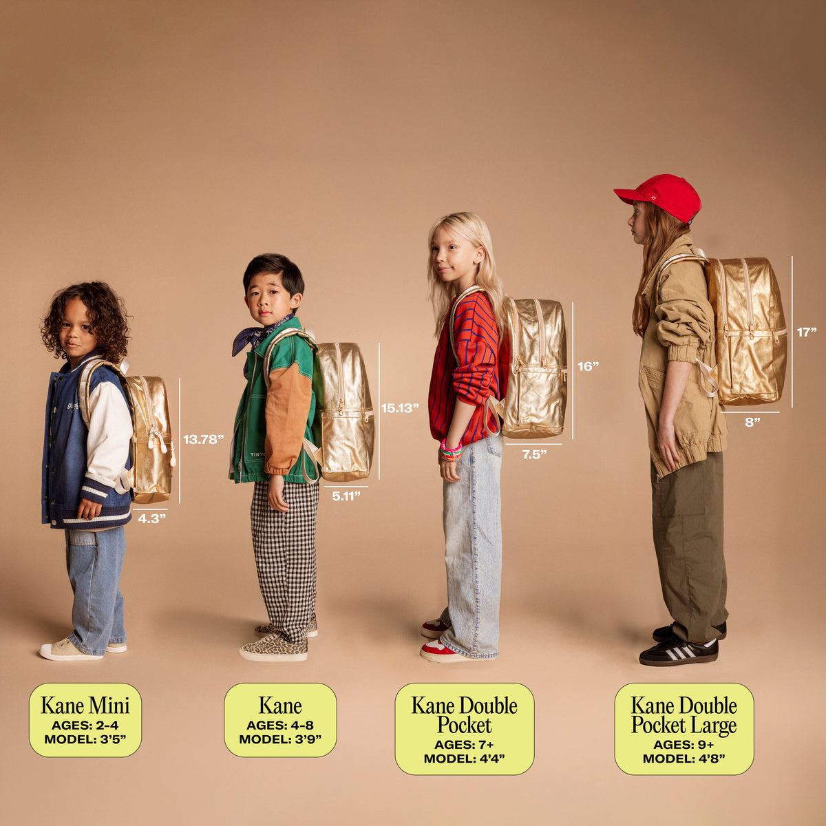 Children with backpacks and measurements on a beige background