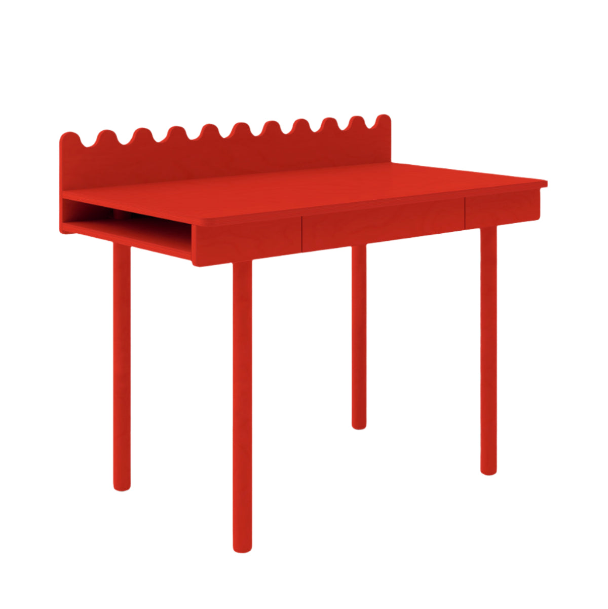 A bright red writing desk with a scalloped backrest, three drawers, and four legs, shown on a plain white background.