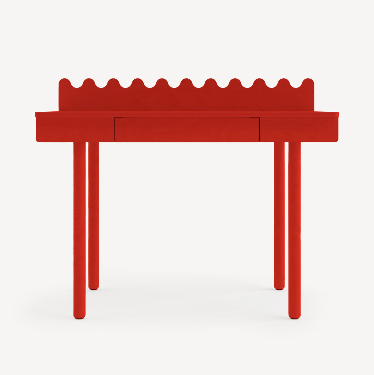 Red console table with a scalloped edge on a white background