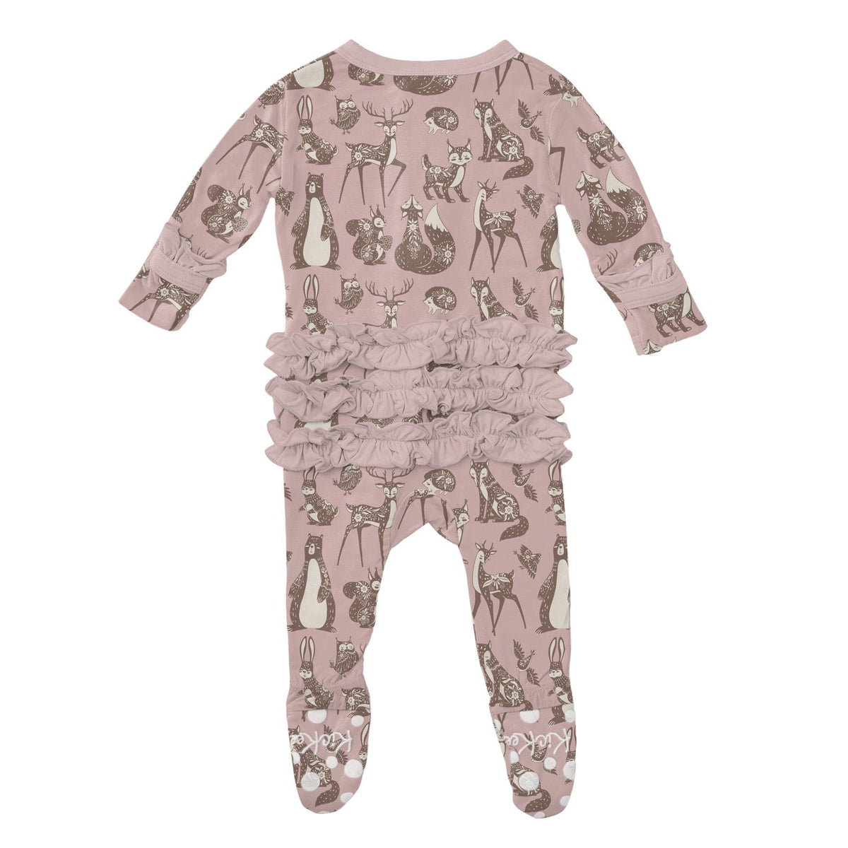 Beige baby onesie with ruffles on a white background