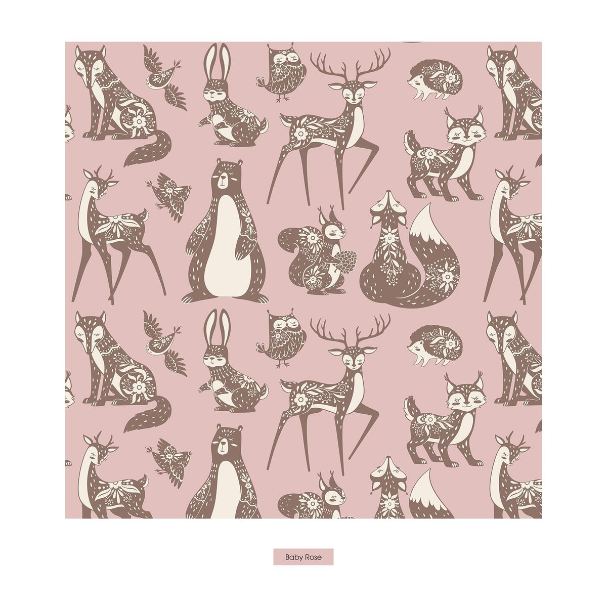A repeating pattern of whimsical woodland animals including deer, fox, rabbit, owl, bear, and bird motifs in brown and cream on a dusty pink background, with a small label reading 'Baby Rose' below.