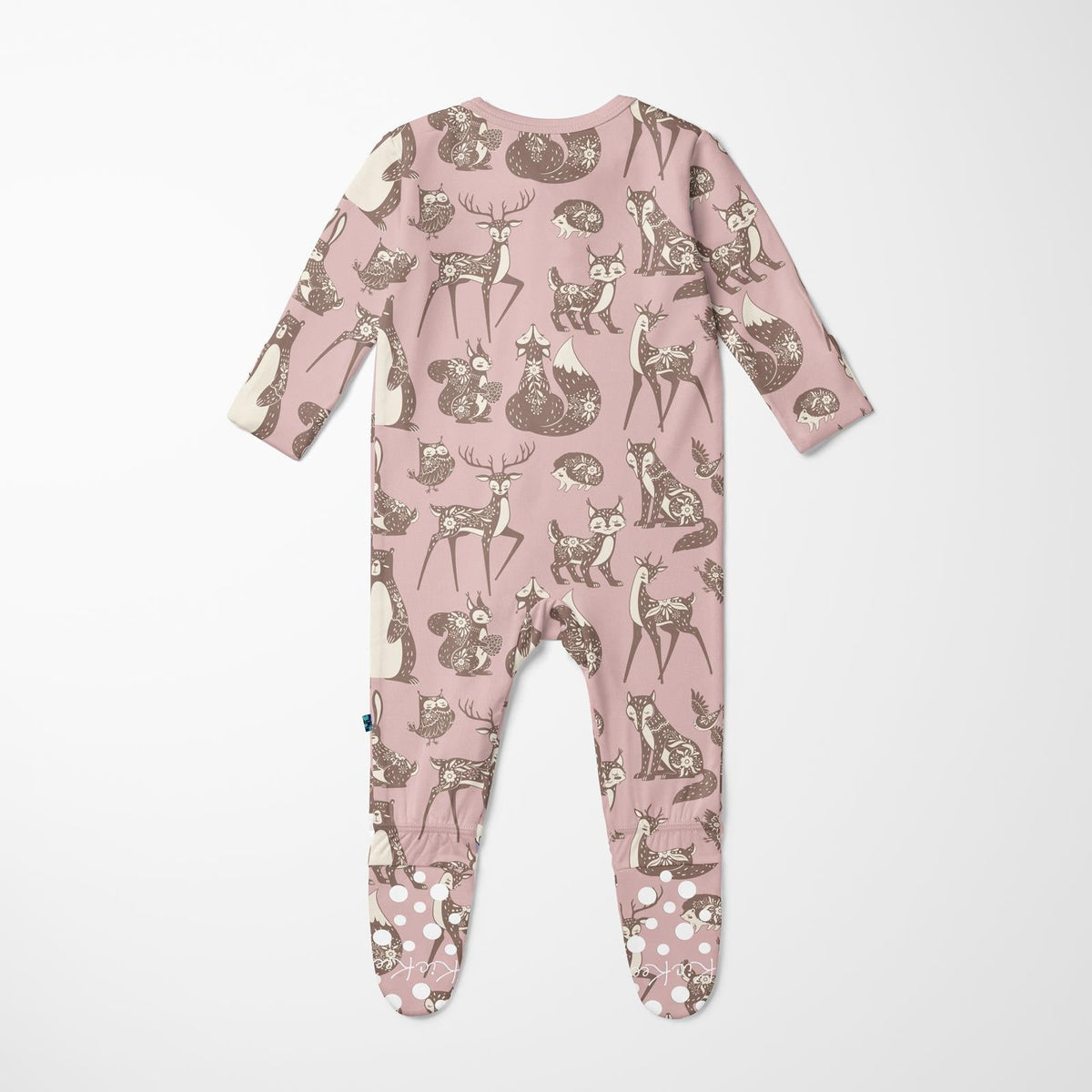 Back view of KicKee Pants baby footie in a light pink color featuring a playful Scandinavian woodland animal print