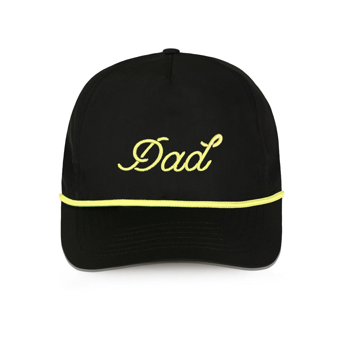 Black cap with 'Dad' embroidered in yellow on a white background