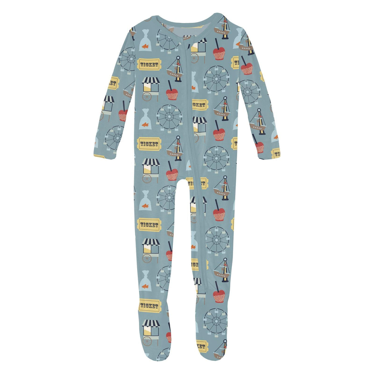 A baby footed one-piece jumpsuit in dusty blue, featuring an all-over print of carnival games, Ferris wheels, and popcorn buckets.