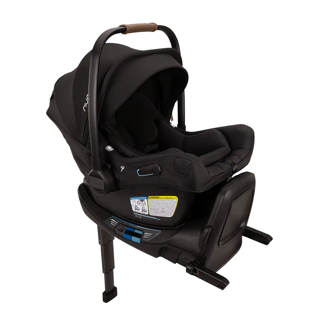 A profile view of a black MIXX Next + Pipa Aire RX Travel System by Nuna infant car seat attached to its base with a load leg, featuring an extended canopy, set against a checkered transparent background.