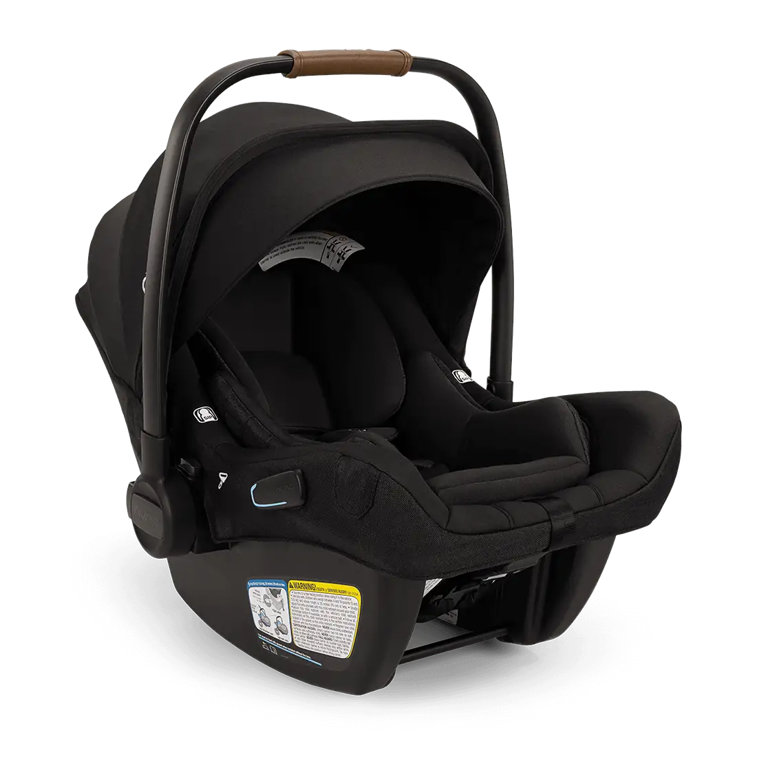 A profile view of a black MIXX Next + Pipa Aire RX Travel System by Nuna infant car seat featuring a brown leatherette carry handle and an extended canopy, set against a checkered transparent background.
