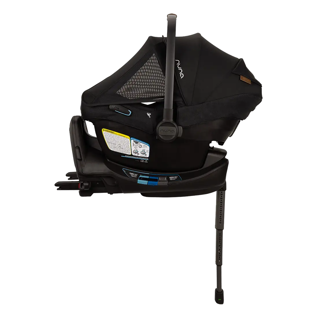 A profile view of a black MIXX Next + Pipa Aire RX Travel System by Nuna infant car seat attached to its base with a load leg, featuring an extended canopy with a mesh window, set against a checkered transparent background.