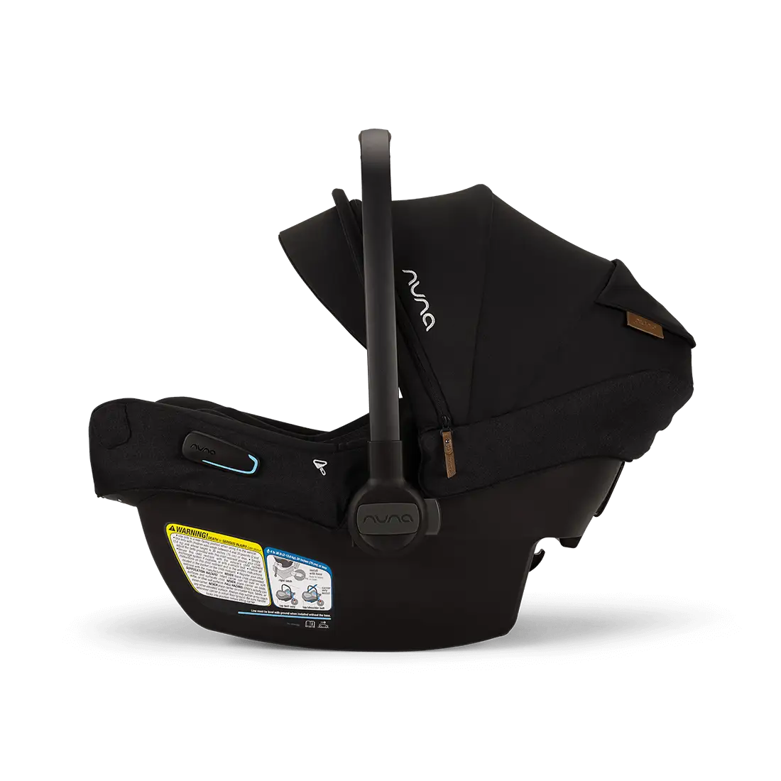A profile view of a black MIXX Next + Pipa Aire RX Travel System by Nuna infant car seat featuring an exposed aerospace aluminum handle and an extended canopy, set against a checkered transparent background.