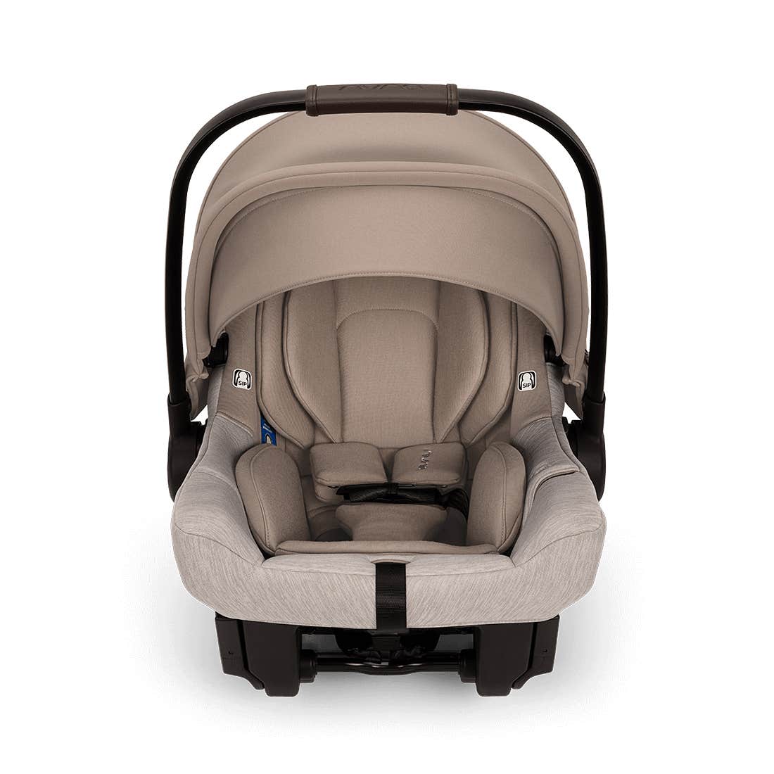 Beige baby car seat with black straps on a white background