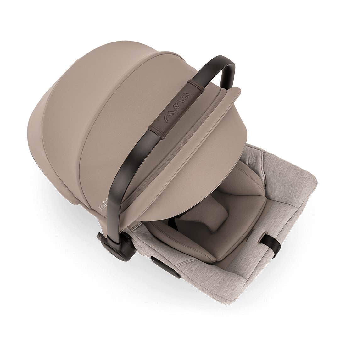 Baby seat with beige cover and gray cushion on a white background