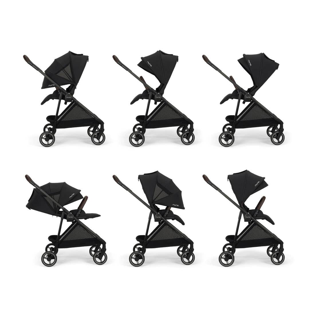 Black stroller shown from multiple angles on a white background