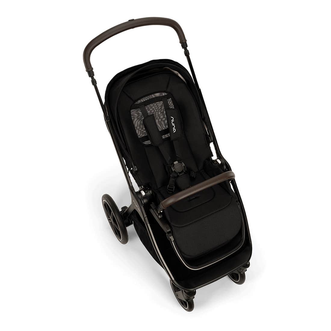 Black stroller with brown accents on a white background