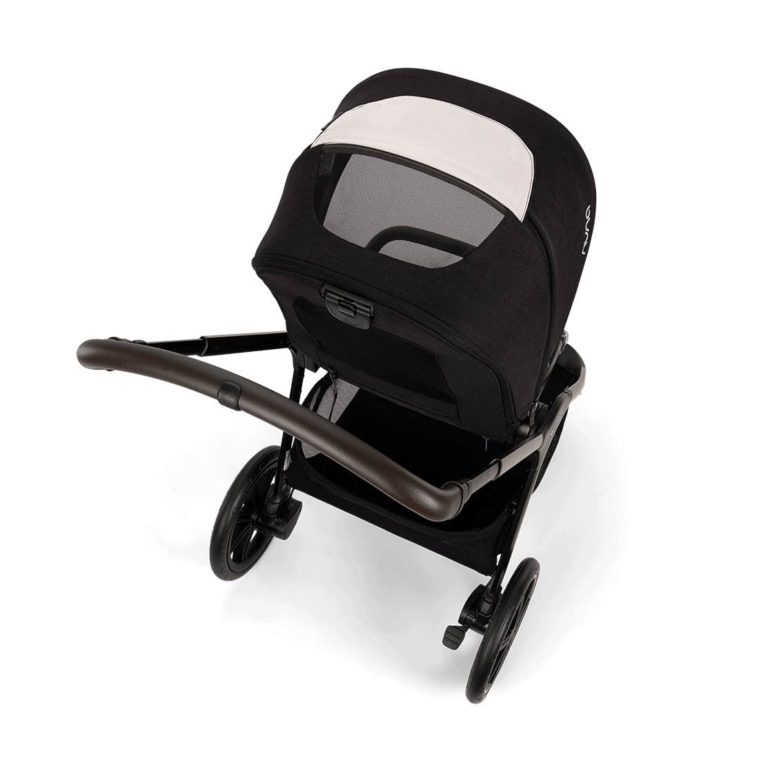 Black baby stroller with mesh canopy on a white background