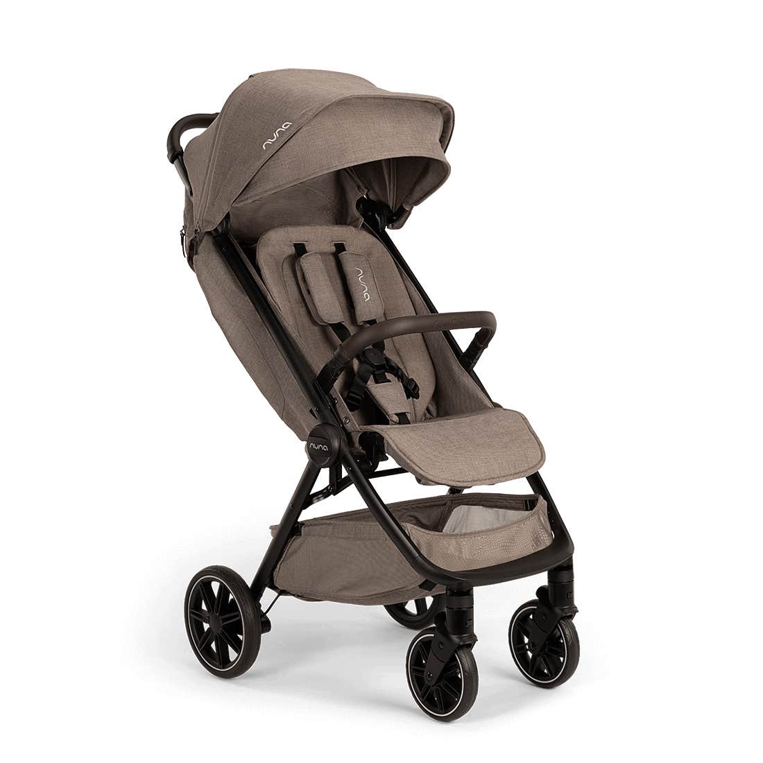 Brown baby stroller on a white background