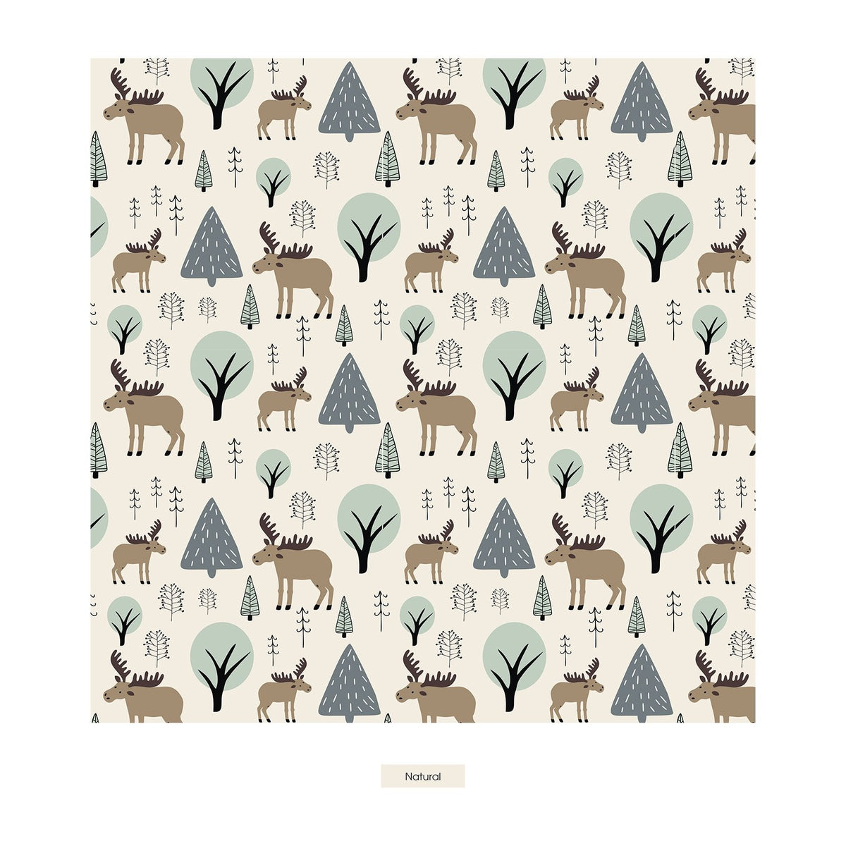 A repeating forest pattern featuring illustrated moose, deer, and stylized trees in muted beige, brown, sage green, and slate blue on a warm off-white background. The word 'Nordic' appears below the pattern as a color/style label.