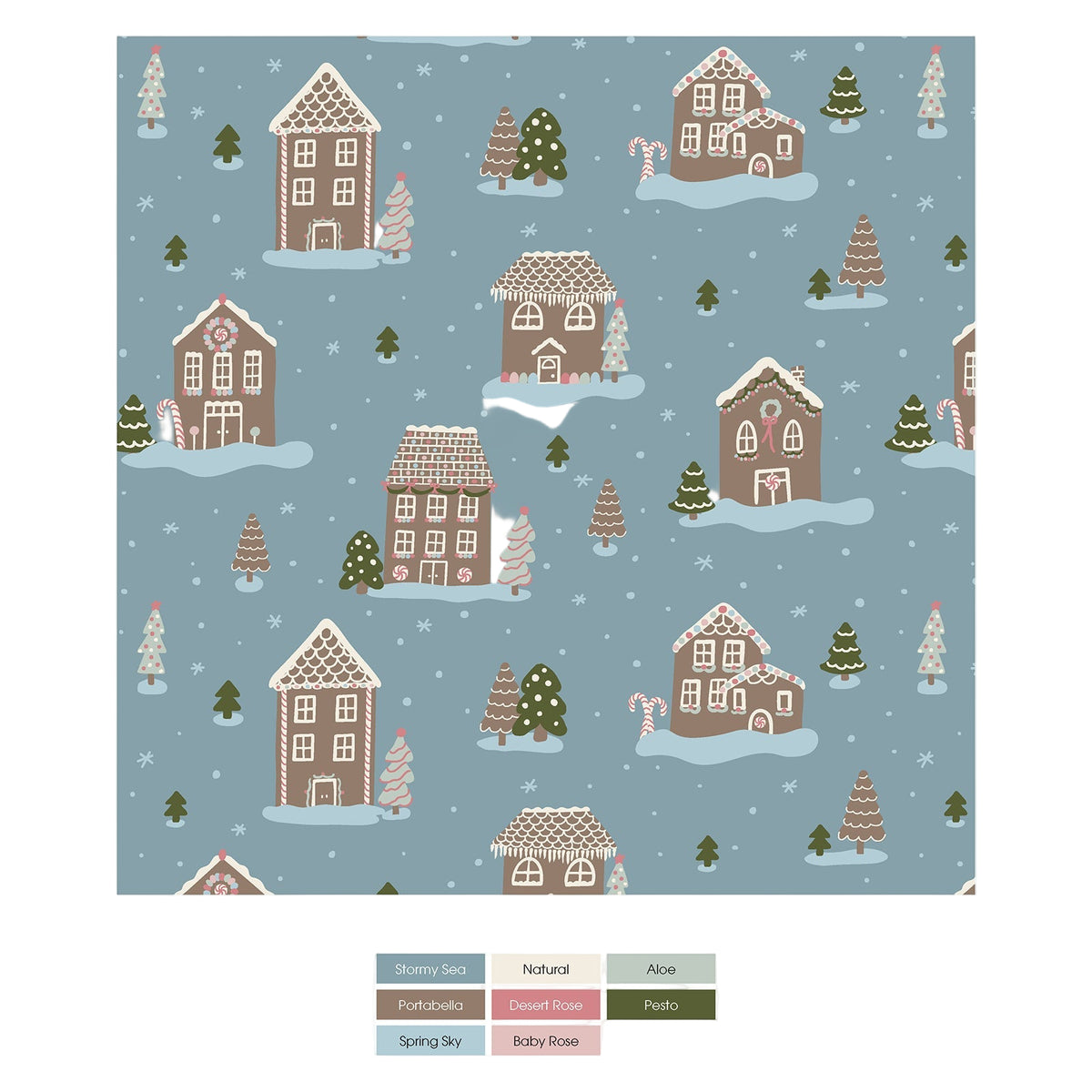 Pattern of gingerbread houses and trees on a blue background with color swatches below.