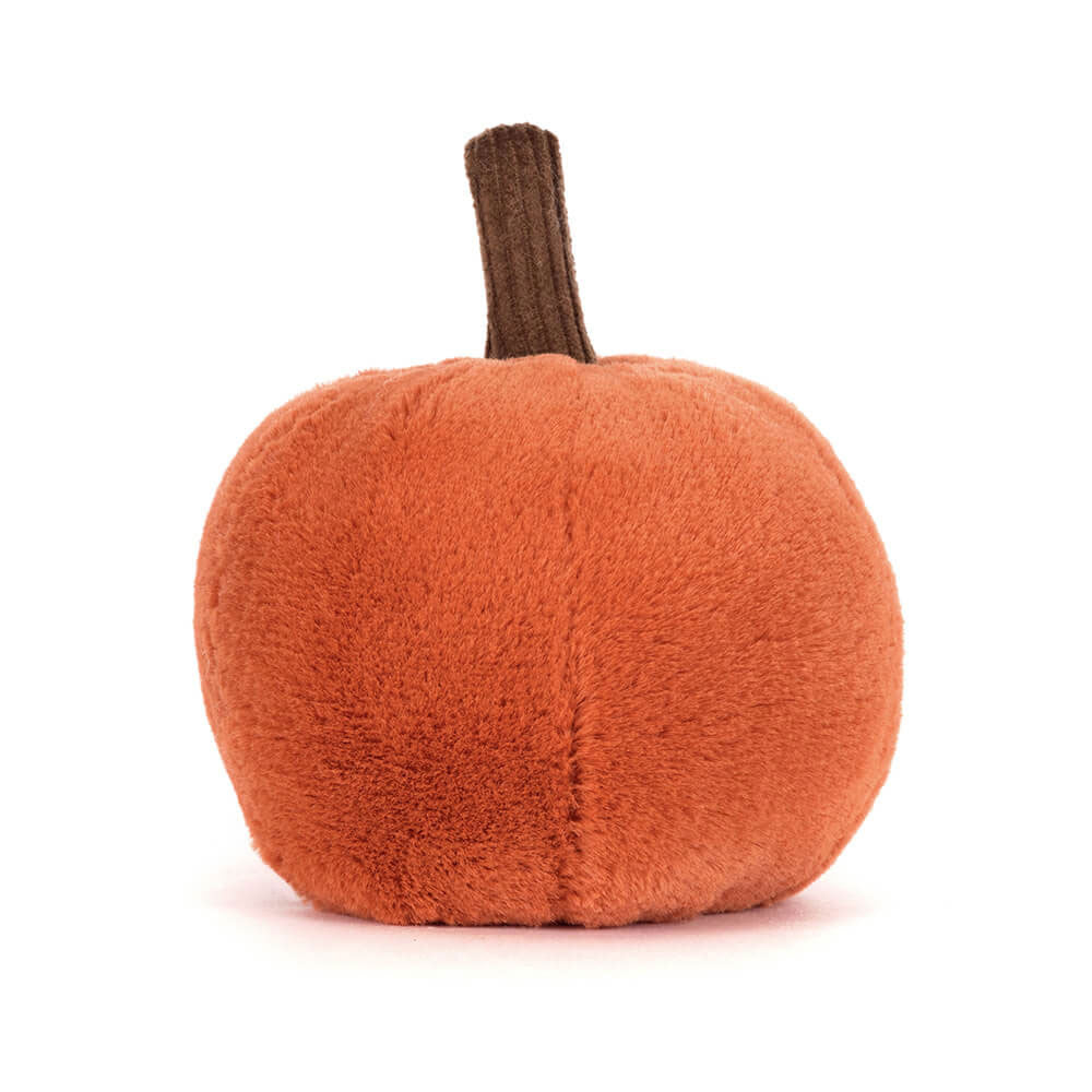 Plush pumpkin toy with a brown stem on a white background