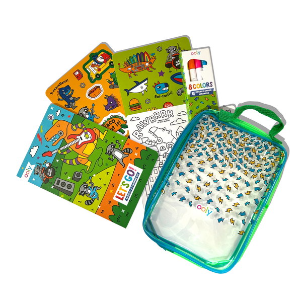 Coloring book set with markers and a small blanket in a carrying case on a white background