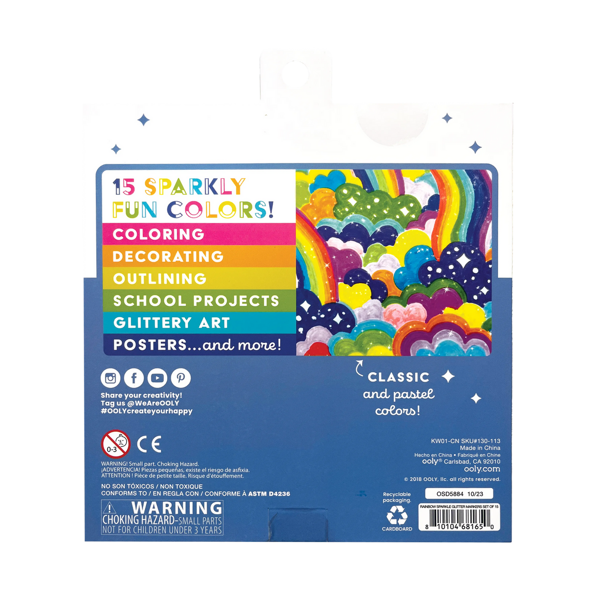Colorful packaging for markers with text and rainbow design.