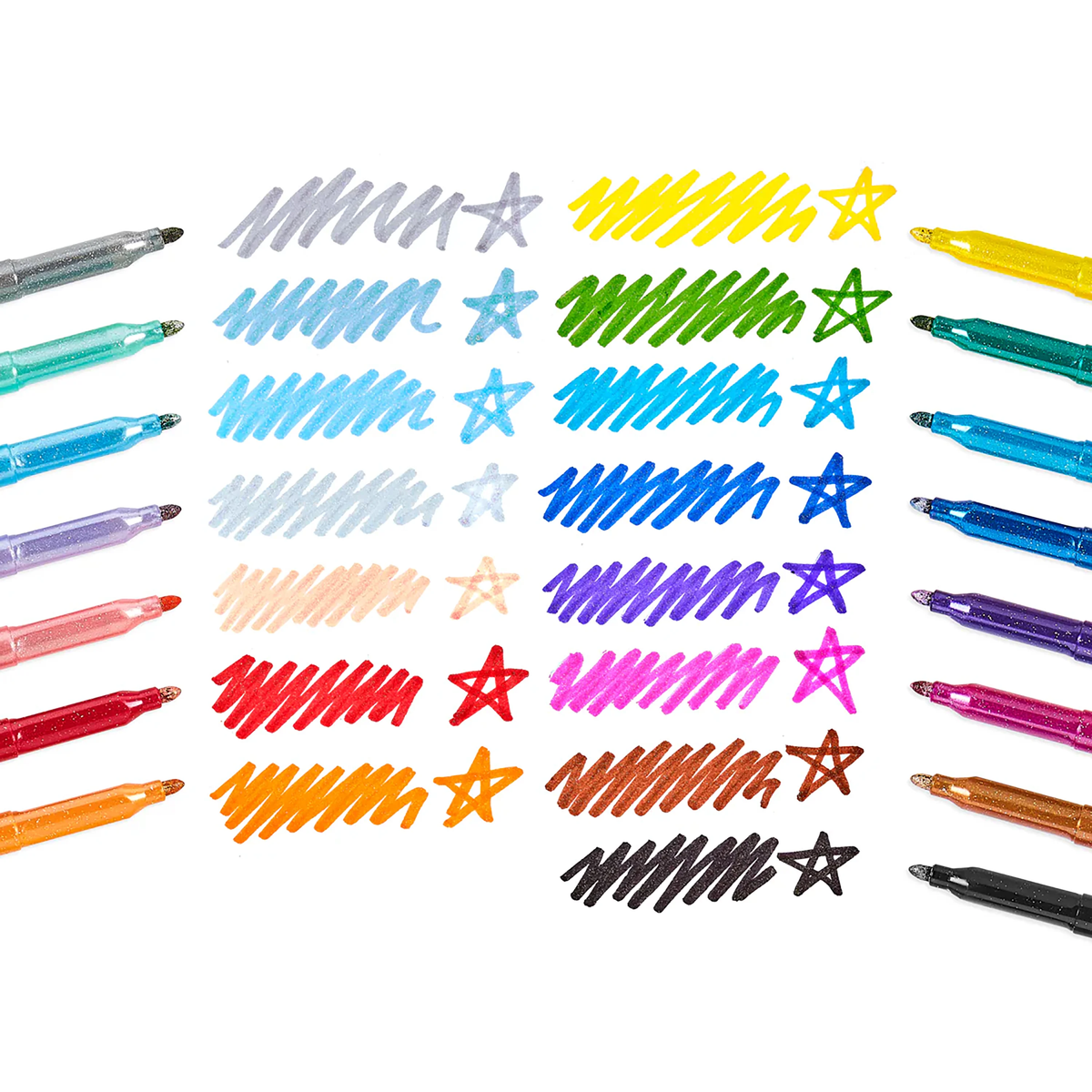 Colorful markers with sample lines on a white background
