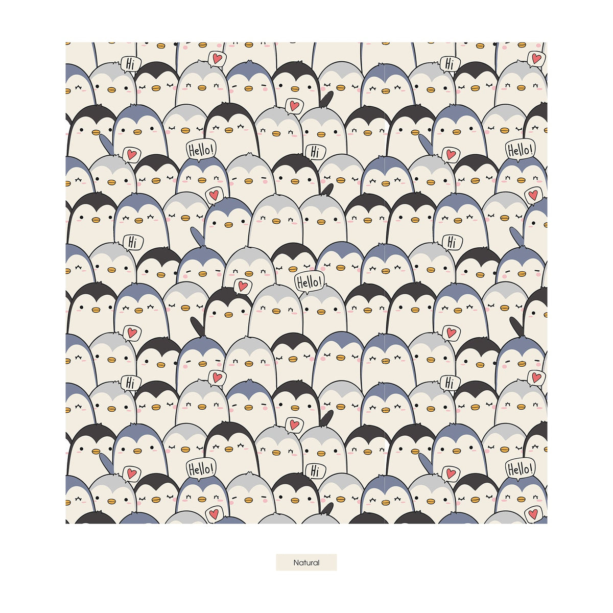 A repeating pattern of cartoon penguins in shades of gray, blue-gray, black, and white, with small speech bubbles reading 'Hello' and hearts, shown on a light beige background. The word 'Norland' appears below the square design.