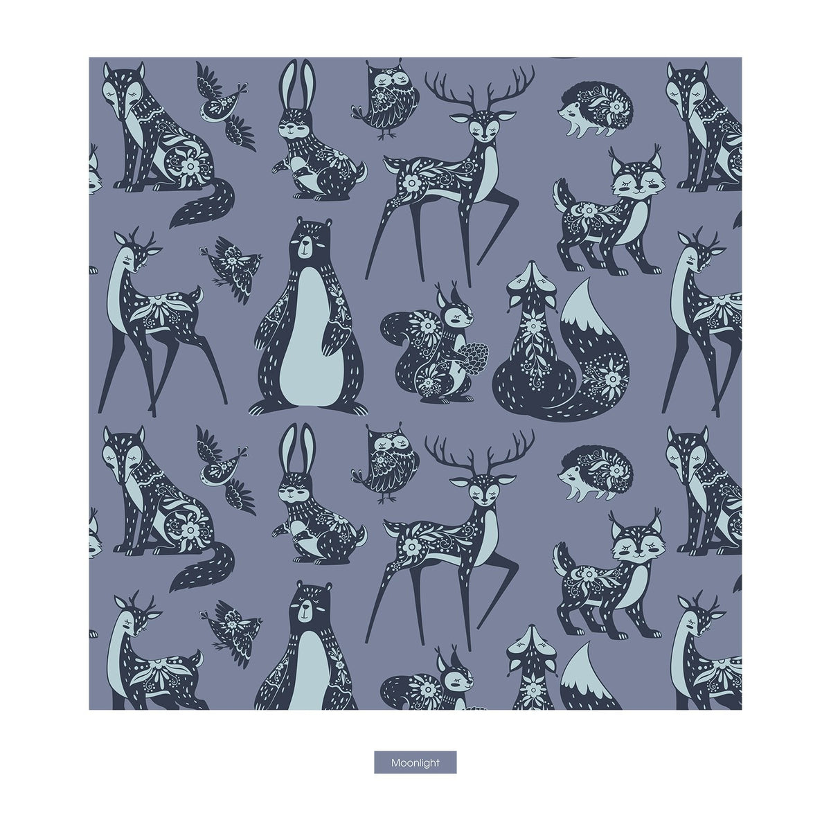 A repeating illustrated pattern of woodland animals and birds on a muted lavender-gray background, with a small label reading 'Moonlight' below the square artwork.