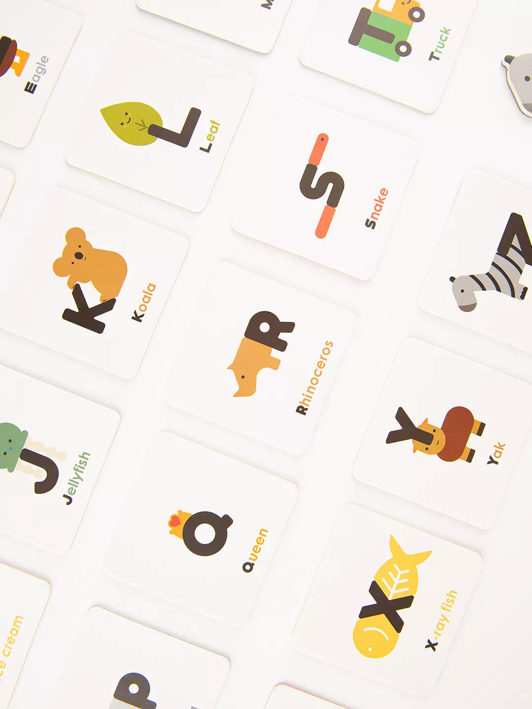 Alphabet flashcards with animal illustrations on a white background
